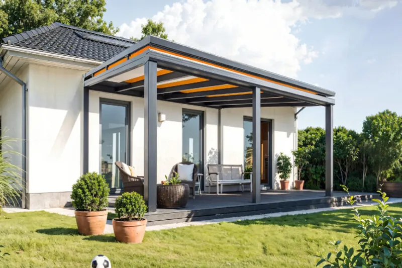 Lamellendach SunPro mit verstellbaren Aluminium-Lamellen über einer Terrasse